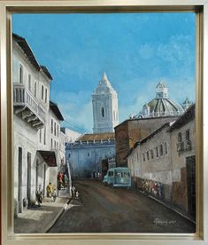 an oil painting of a city street with people and buildings