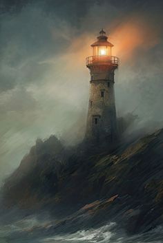 a painting of a light house on top of a mountain with waves crashing around it