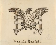 a drawing of a bird with two arrows in it's beak and the words magnanis bareft written below