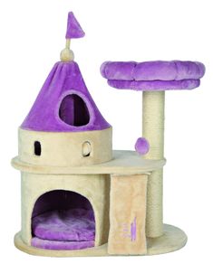 a cat house with a purple roof and two towers on top of it, one for the