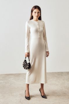 Reshi Long Sleeves Dress MEAN BLVD Royal Outfit, Knitted Midi Dress, Long Sleeves Dress, Mean Blvd, White Tone, Royal Outfits, Sleeves Dress, Textured Knit, S Models