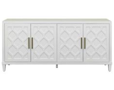 a white sideboard with gold handles and geometric designs on the front, against a white background