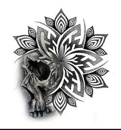 a black and white drawing of a skull with a flower in it's center