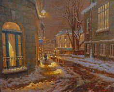 a painting of people walking in the snow on a city street with buildings and lights