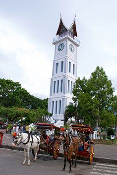 two horses pulling a carriage with a clock tower in the background