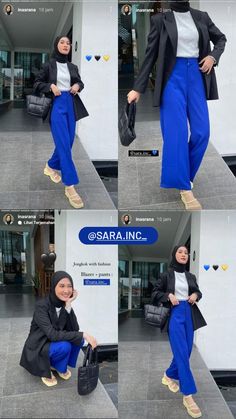 Color Block Hijab Outfit, Blazer Outfits Hijab, Black Hijab Outfit, Blue Blazer Outfit, Blue Hijab, Black Hijab, Color Combos Outfit