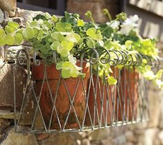 a wire basket with flowers in it hanging on a wall next to a brick building