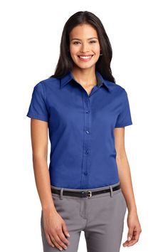 Port Authority ® Ladies Short Sleeve Easy Care Shirt. L508 - ROYAL/ CLASSIC NAVY - S | Port Authority Women's Short Sleeve Easy Care Shirt in Royal/Classic Navy Blue Size Small | Cotton/Polyester Blend Mediterranean Blue, Short Sleeve Shirt Women, Short Sleeve Dress Shirt, Port Authority, Twill Shirt, Ladies Short, Dress Shirts For Women, Poplin Shirt, Work Shirts