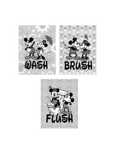 three mickey mouse stickers with the words brush, wash and flush in black and white