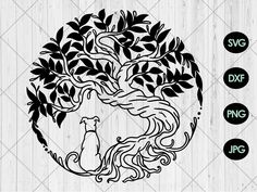 an image of a tree with leaves and a cat in the center on a wooden background