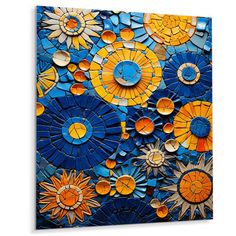 an abstract painting with blue, yellow and orange flowers on the outside of it canvas wall art print