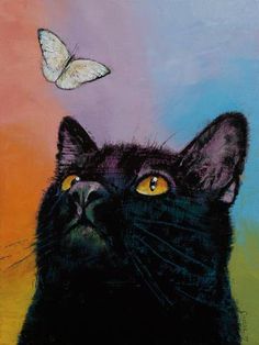 a painting of a black cat with a butterfly on it's head, looking up at the sky