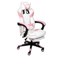 a white and pink office chair with wheels