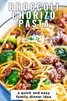 broccoli, chorizzo and pasta in a blue bowl with text overlay