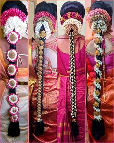 three pictures of different types of braids with flowers on the ends and in between them