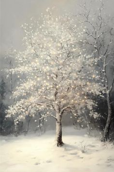 a painting of a white tree in the snow with lights on it's branches