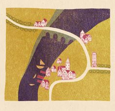 a drawing of a city with houses and trees on it's sides, in yellow and purple