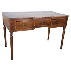 an old wooden desk with two drawers on one side and three legs, against a white background