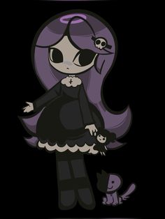 an image of a cartoon character with purple hair and black clothes, holding a cat