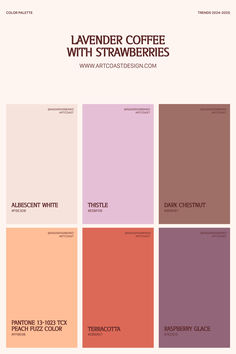 the color scheme for lavender coffee with strawberries is shown in shades of pink, orange and