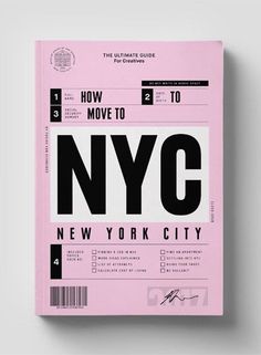 the new york city guide is shown on a pink book with black and white lettering