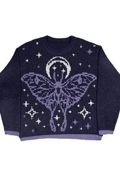 Dreamcore Aesthetic Moon Moth Knit Sweater Unisex Purple Shirt Aesthetic, Alt Sweater, Galaxy Sweater, Moon Clothes, Moon Sweater, Moth Sweater, Ethereal Style, Dreamcore Aesthetic, Aesthetic Moon