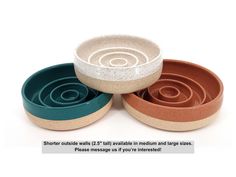 three bowls with different colors and sizes are shown in this ad for the pottery company