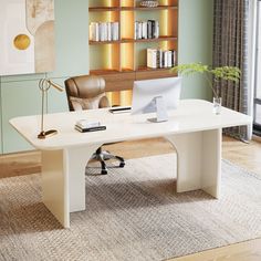 a white desk in an office with bookshelves on the wall and a chair next to it