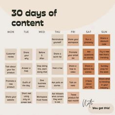 the 30 days of content calendar is shown in orange and brown colors, with text below it