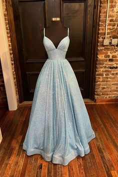 Formal Evening Dresses Long, Light Blue Prom, Light Blue Prom Dress, Blue Prom Dress, A Line Evening Dress, Prom Dresses With Pockets, Spaghetti Strap Prom Dress, Stunning Prom Dresses, Sequin Formal Dress