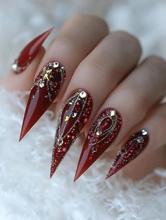 Red Crystal Nails, Stiletto Christmas Nails, Gothic Christmas Nails, Lunar New Year Nails, Festive Nail Ideas, Acrylic Christmas Nails