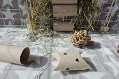 some toilet paper rolls sitting on top of a bed next to plants and a vase