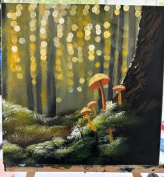 an acrylic painting of mushrooms in the woods with lights coming from behind them