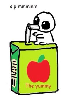 an apple in a box with the words sip mmmmmm on it's side