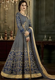 Blue Silk Lehenga Style Anarkali Suit 34005 Chennai Wedding, Golden Lehenga, Anarkali Salwar, Embroidery Suit, Designer Kurtis