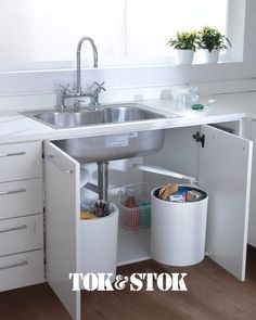 a kitchen sink with two trash cans under it and an open cabinet underneath the sink