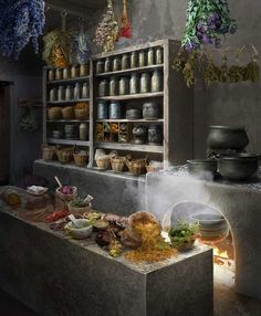 a kitchen filled with lots of food and cooking utensils