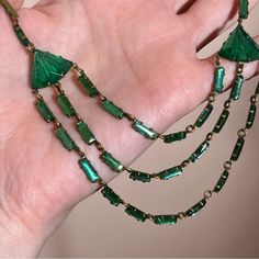 Antique Czechoslovakian Green Glass Brass 1920’s Art Deco Choker Necklace Beautiful Kelly Green Czechoslovakian Glass Necklace With Three Dangling Swags Done In An Art Deco Style. Lovely Baguettes Or Emerald Cut Stones Prong Set With A Flat Covered Back Of Brass Metal. Antique Spring Ring Clasp Has Lost Its Bounce And Needs To Be Pushed Back In Place Then It Will Hold Tight. Metal Shows Wear With A Vintage Patina But Glass Is Clear And Lovely. Size Approximately 15 Inches Need More Specifics? Ju Modern Art Deco Jewelry, Art Deco Jewelry 1920s, Stained Glass Business, Antique Choker, 20s Art, Czech Jewelry, Czech Glass Necklace, Art Deco Jewelry Vintage, Antique Green