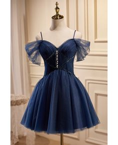 Get 10% off now! Buy navy blue short tulle homecoming prom dress with beadings at cheap price online. Free stable shipping and pro custom service since 2009. Dark Blue Dama Dresses Quinceanera, Mid Length Prom Dresses, Dresses For 8th Grade Graduation, Navy Blue Prom Dresses, Beaded Party Dress, Dama Dresses, Quinceanera Ideas, Mini Prom Dresses, Tulle Homecoming Dress