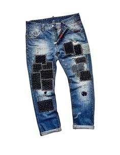 Discover the rarest patchwork jeans for those who value true uniqueness! These jeans have been artistically reworked, repaired, embroidered, and patched using a variety of upcycled fabrics, resulting in a one-of-a-kind design that you won't find anywhere else. Meticulously hand-sewn with care and attention to detail, these jeans feature a striking texture and intricate art patterns that make them truly stand out. Each pair is a labor of love, taking significant time to complete, and the end result is a wearable piece of art. Take a moment to explore the photos provided--they capture the essence of these jeans far better than words can. Be sure to review the special features below before making your purchase: Features: - Unique patchwork design - Ripped and distressed style - Reworked and r Crazy Jeans, Reworked Jeans, Intricate Art, Art Patterns, Patchwork Jeans, Vintage Patchwork, Patched Jeans, Ripped Denim, Patchwork Designs