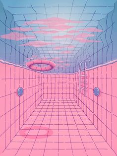 an abstract drawing of a pink room with blue and red clouds in the sky above it