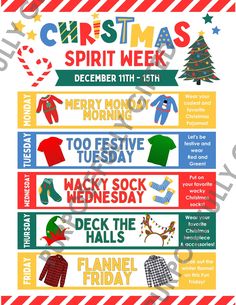 the christmas spirit week poster is shown