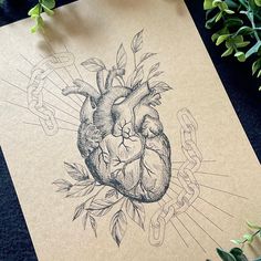 a drawing of a heart with leaves on it