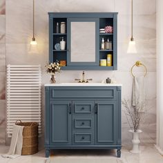 a bathroom with a blue cabinet and sink