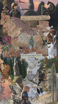 an altered collage with many different pictures and words on it's side, including the