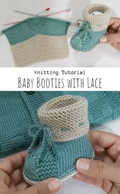 two pictures showing how to knit baby booties with lace