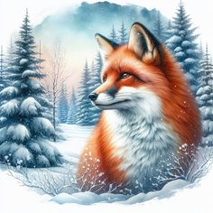 a painting of a fox in the snow