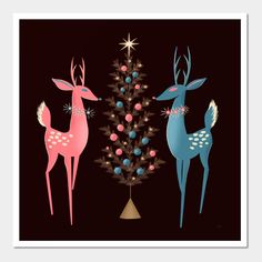 two deer standing next to a christmas tree on a black background with stars and baubons