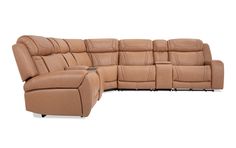 a tan leather sectional sofa with recliners on the bottom and one arm facing it