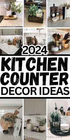 the kitchen counter is decorated in black and white with text overlay that reads, 2014 kitchen counter decor ideas